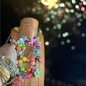 Delicate Pink and Yellow Flower Beaded Necklace
